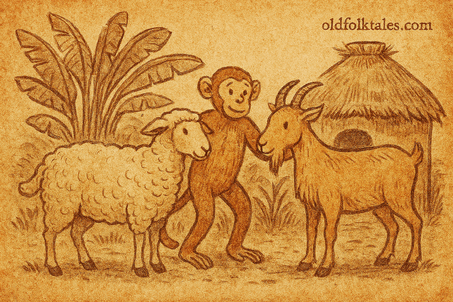 Parchment-style illustration of Somali goat, sheep, and monkey near banana-leaf house, fleeing snake at home.