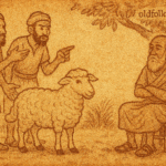Parchment-style illustration of Somali elder judging sheep dispute between two men under acacia tree.