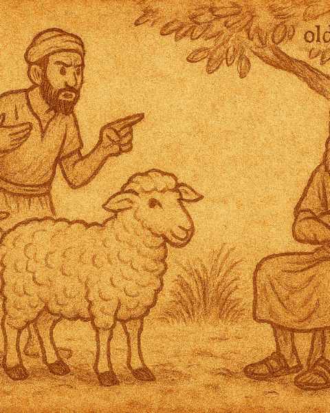Parchment-style illustration of Somali elder judging sheep dispute between two men under acacia tree.