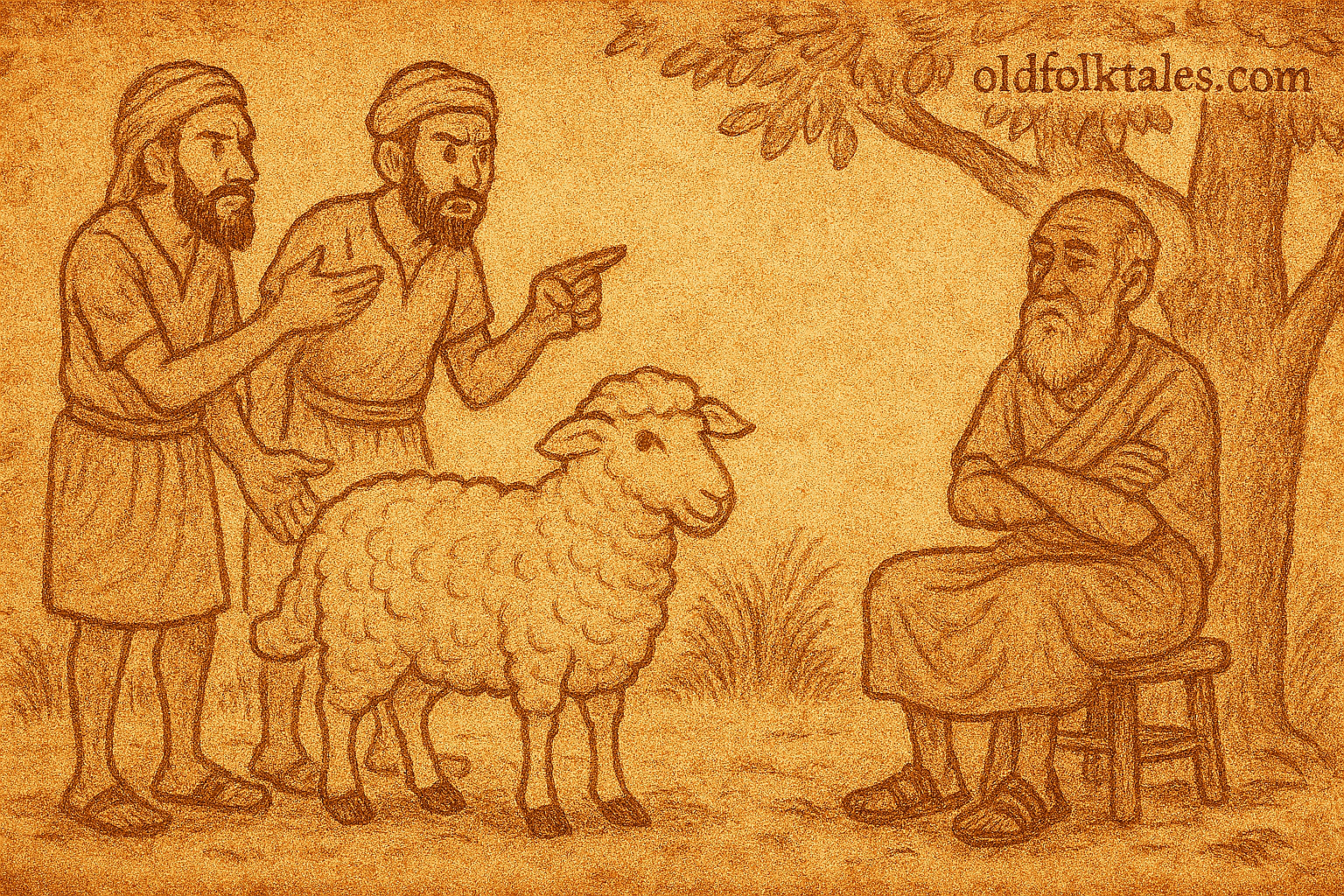 The Wise Man's Solution | FolktalesAfrica.com Parchment-style illustration of Somali elder judging sheep dispute between two men under acacia tree.