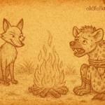 Parchment-style illustration of Somali fox tricking greedy hyena near fire pit under desert twilight sky.