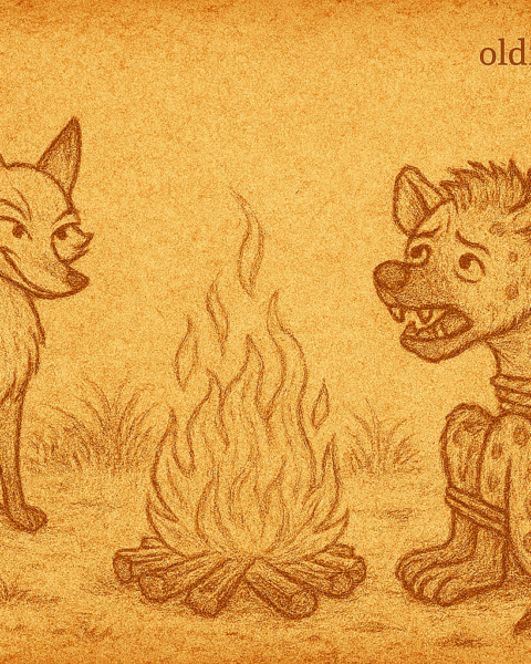 Parchment-style illustration of Somali fox tricking greedy hyena near fire pit under desert twilight sky.