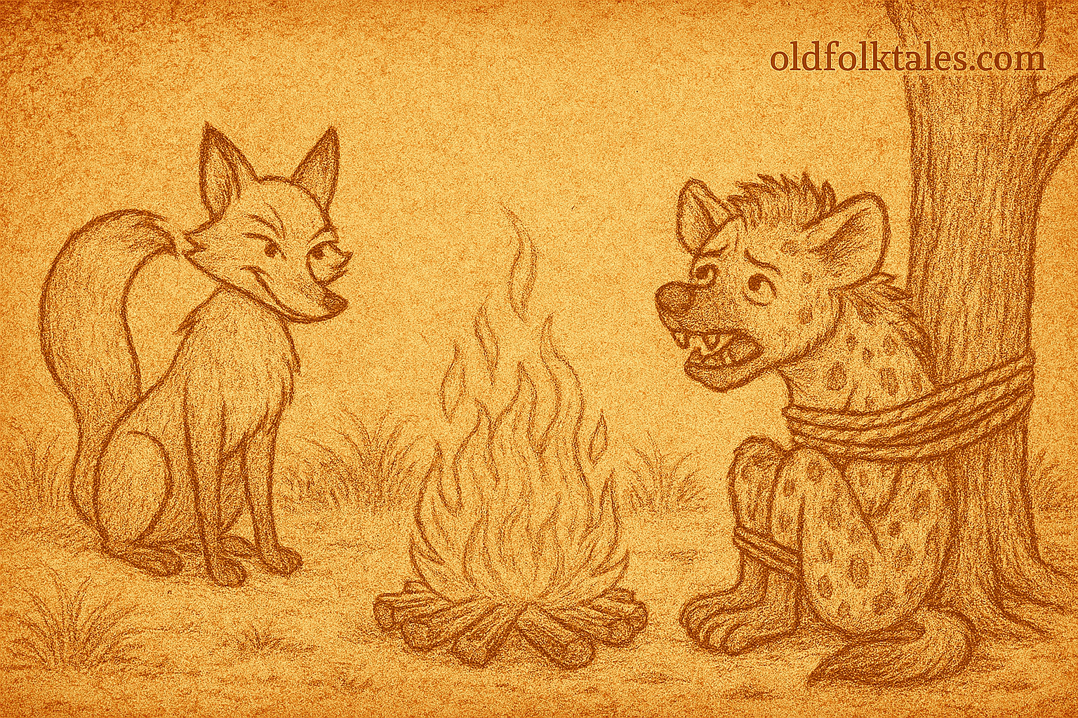 Parchment-style illustration of Somali fox tricking greedy hyena near fire pit under desert twilight sky.
