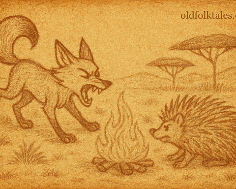 Parchment-style illustration of jackal lunging at hedgehog in African savanna, inspired by traditional folktale themes.