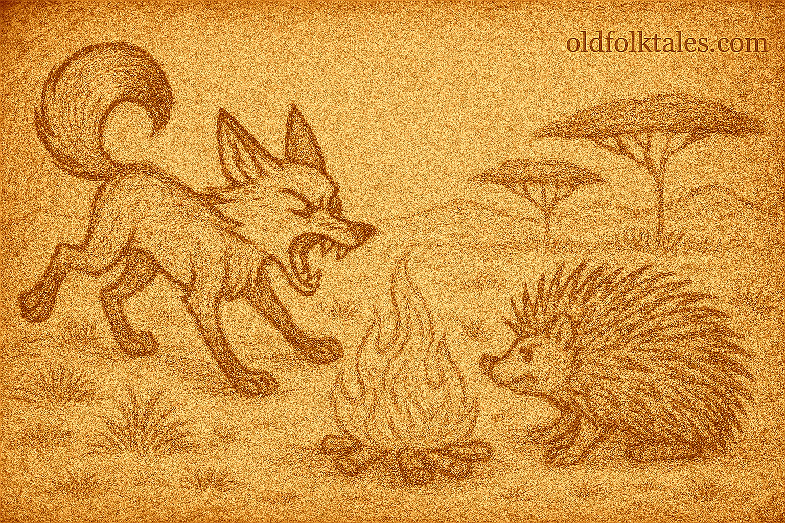 Parchment-style illustration of jackal lunging at hedgehog in African savanna, inspired by traditional folktale themes.