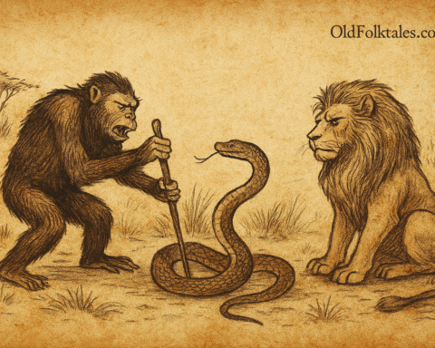 Parchment-style illustration of Zanzibar ape, snake, and lion gathered in dry savanna, inspired by traditional folktale themes.