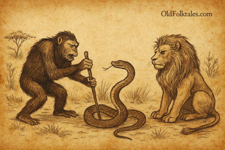 Parchment-style illustration of Zanzibar ape, snake, and lion gathered in dry savanna, inspired by traditional folktale themes.