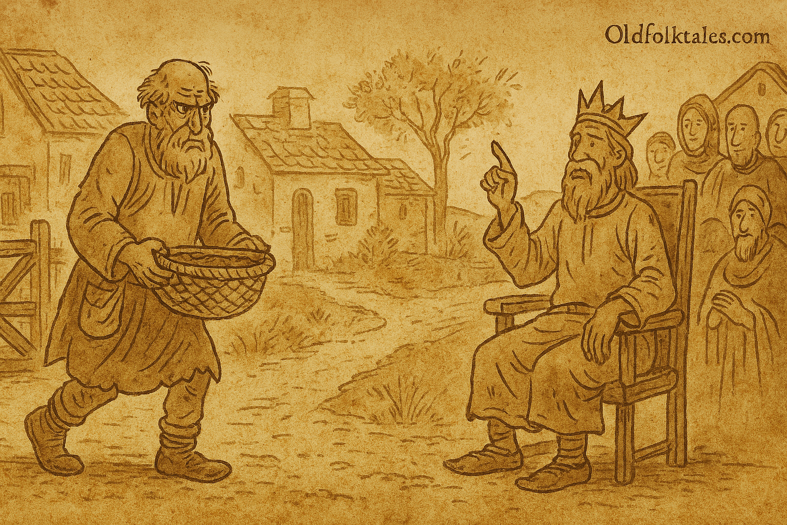 Father Grumbler and the Magic Basket | FolktalesAfrica.com Parchment-style illustration of Father Grumbler presenting basket to king outdoors, inspired by traditional folktale themes.