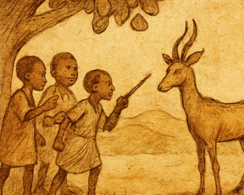 Parchment-style illustration of Ivorian students confronting gazelle under calabash tree after teacher’s tragic death.