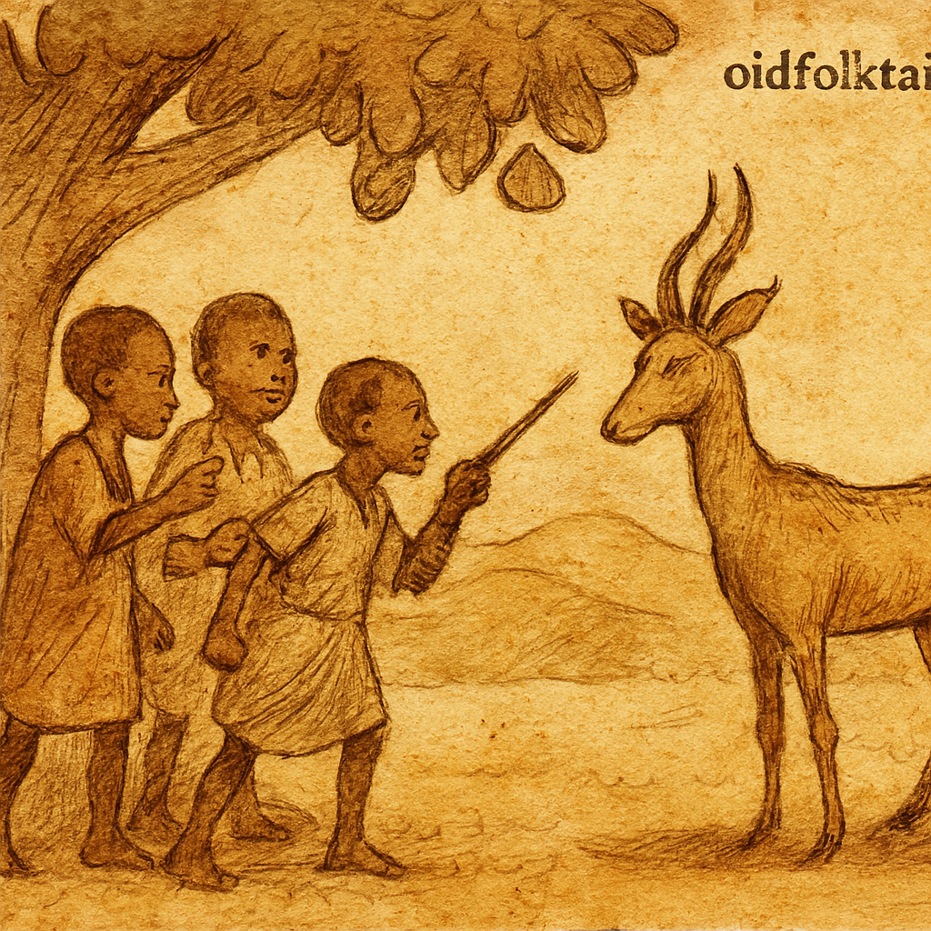 The Death of Teacher Goso | FolktalesAfrica.com Parchment-style illustration of Ivorian students confronting gazelle under calabash tree after teacher’s tragic death.