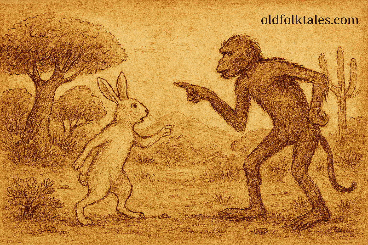 Parchment-style illustration of Ivorian rabbit confronting baboon in forest clearing, inspired by traditional folktale themes.