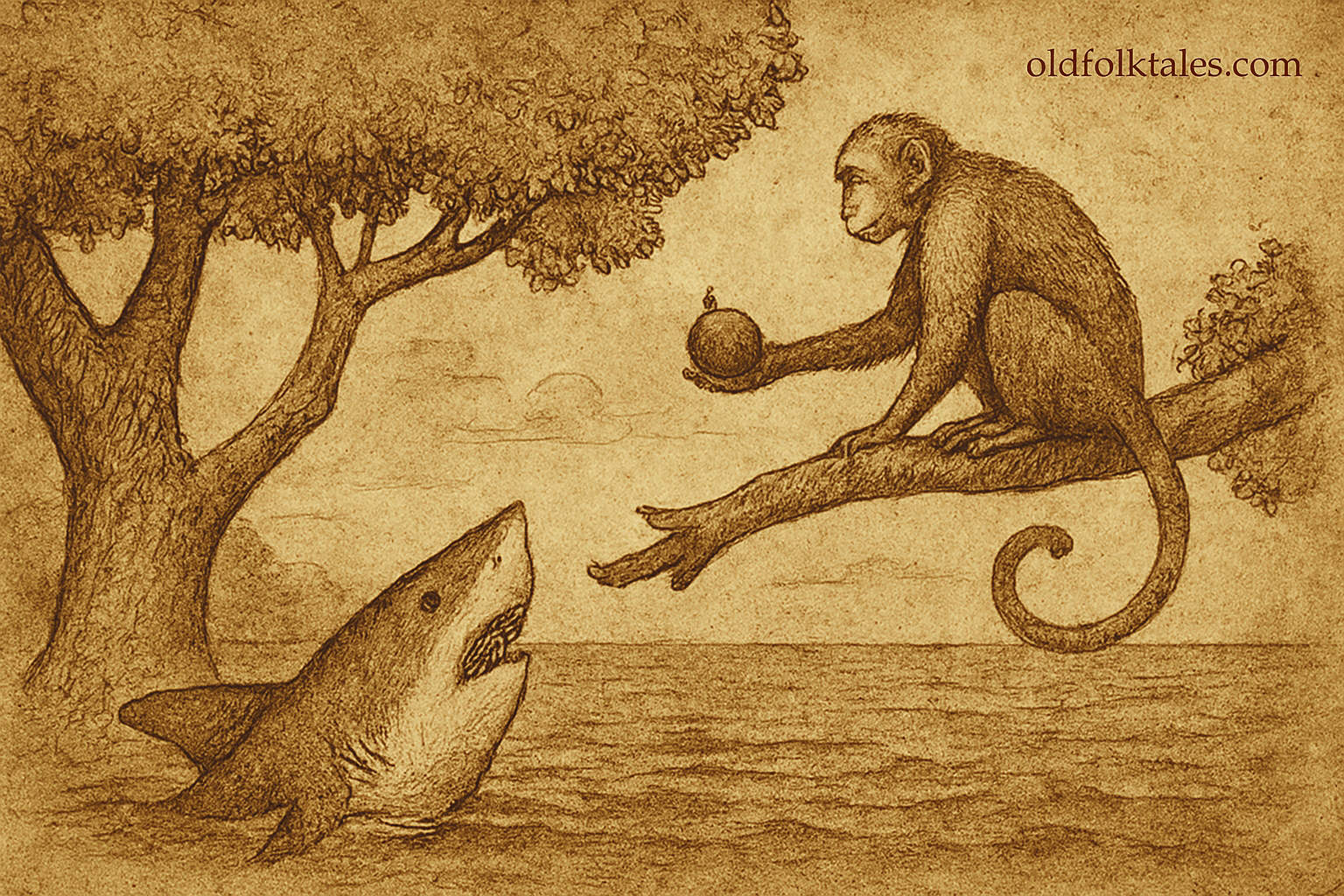 Parchment-style illustration of African monkey offering fruit to shark from tree over ocean near coastal village.