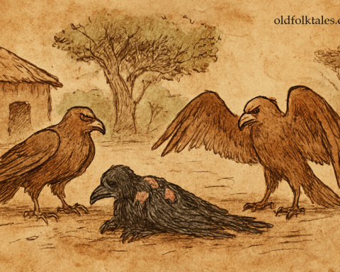 Parchment-style illustration of Ivorian crow lying featherless in dust as kites confront him in reclaimed village.