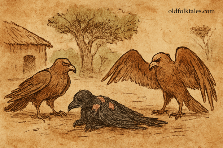 Parchment-style illustration of Ivorian crow lying featherless in dust as kites confront him in reclaimed village.