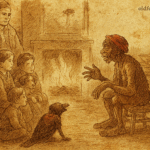 Parchment-style illustration of South African Bushman elder Outa Karel storytelling by fire with Van der Merwe family.