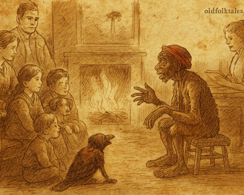 Parchment-style illustration of South African Bushman elder Outa Karel storytelling by fire with Van der Merwe family.