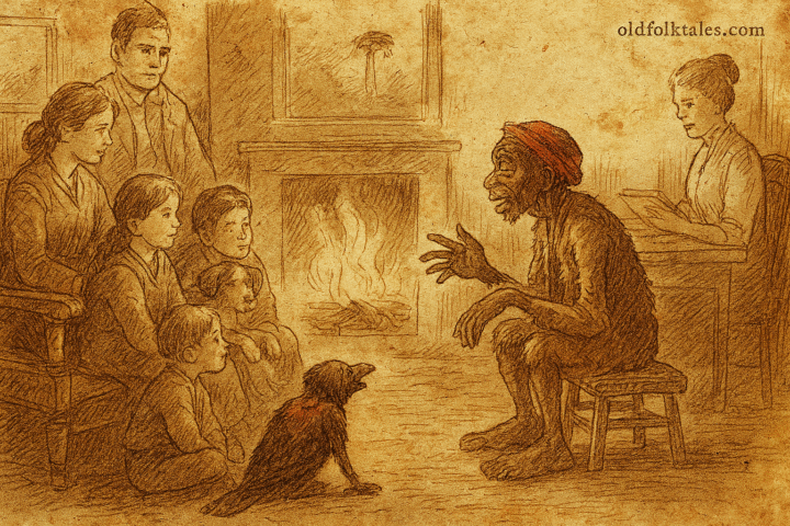 Parchment-style illustration of South African Bushman elder Outa Karel storytelling by fire with Van der Merwe family.