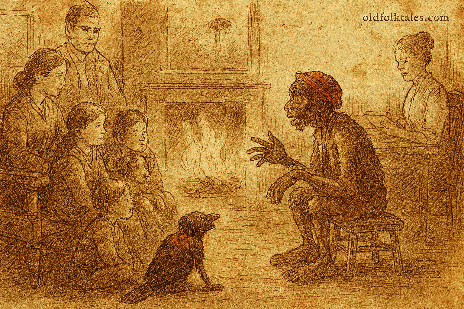 Parchment-style illustration of South African Bushman elder Outa Karel storytelling by fire with Van der Merwe family.