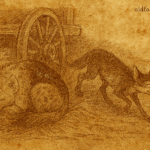 Parchment-style illustration of South African jackal sneaking away as hyena sleeps with fat-smeared tail near wagon.