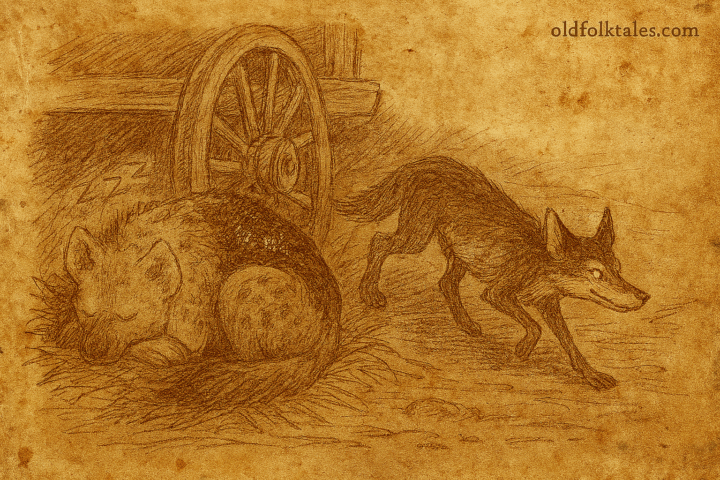 Parchment-style illustration of South African jackal sneaking away as hyena sleeps with fat-smeared tail near wagon.