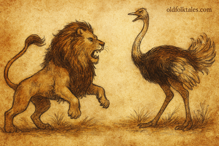 Parchment-style illustration of South African lion and ostrich facing off on veld, surrounded by antelope carcasses.