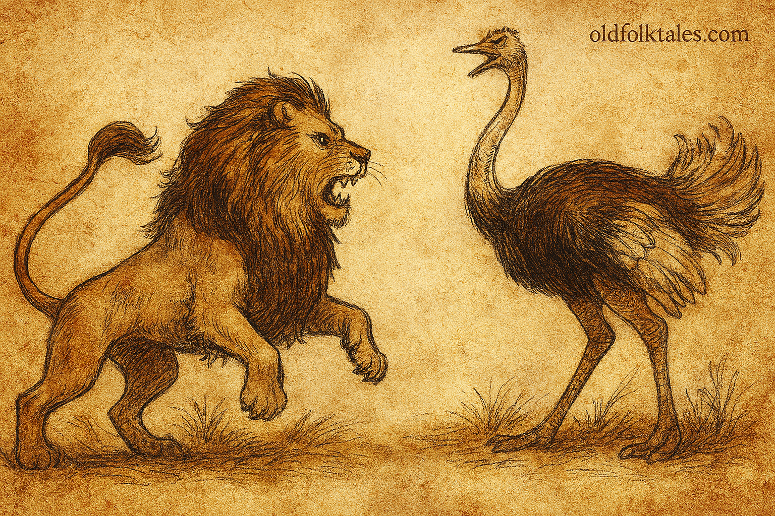 The Lion and the Ostrich | FolktalesAfrica.com Parchment-style illustration of South African lion and ostrich facing off on veld, surrounded by antelope carcasses.