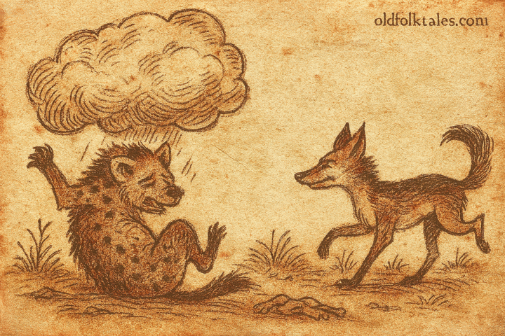 Parchment-style illustration of South African hyena falling from cloud as jackal dodges, trickster tale from the Karroo.
