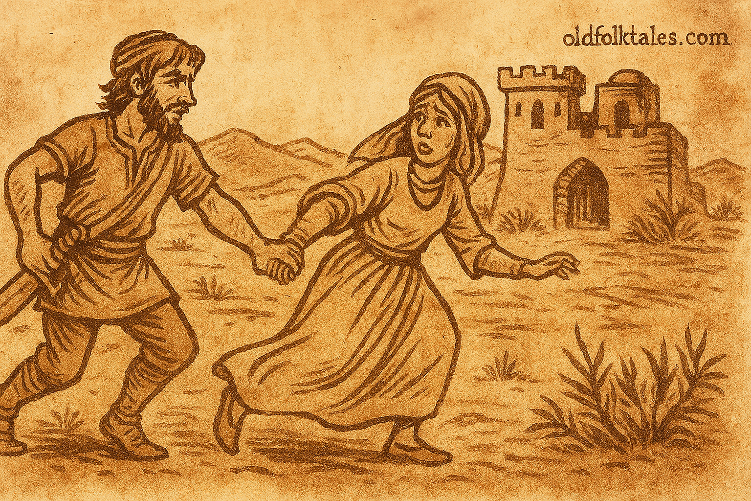 Parchment-style illustration of Middle Eastern lovers fleeing desert ogre’s castle, from folktale of Dschemil and Dschemila.