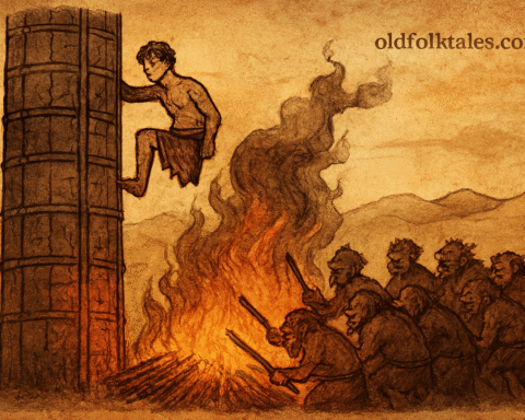 Parchment-style illustration of Middle Eastern Halfman climbing iron tower as ogres build fire below in desert.
