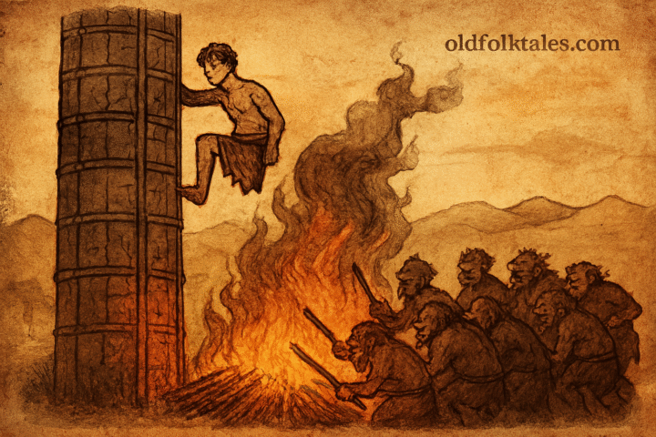 Parchment-style illustration of Middle Eastern Halfman climbing iron tower as ogres build fire below in desert.