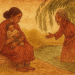 Parchment-style illustration of African mother weeping by river with baby as old woman emerges from willow trees.