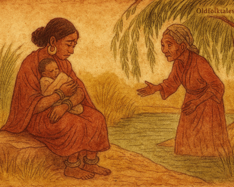 Parchment-style illustration of African mother weeping by river with baby as old woman emerges from willow trees.