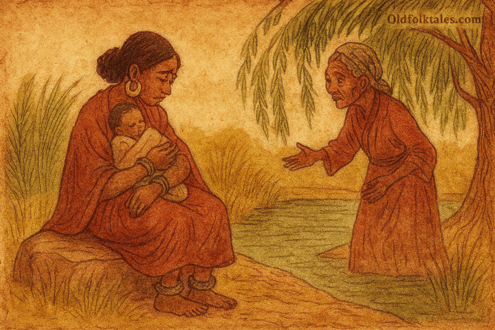 Parchment-style illustration of African mother weeping by river with baby as old woman emerges from willow trees.