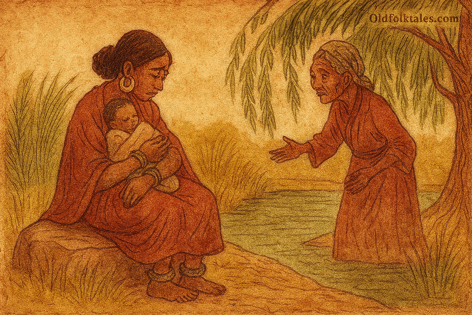 The Sacred Milk of Koumongoe | FolktalesAfrica.com  Parchment-style illustration of African mother weeping by river with baby as old woman emerges from willow trees.