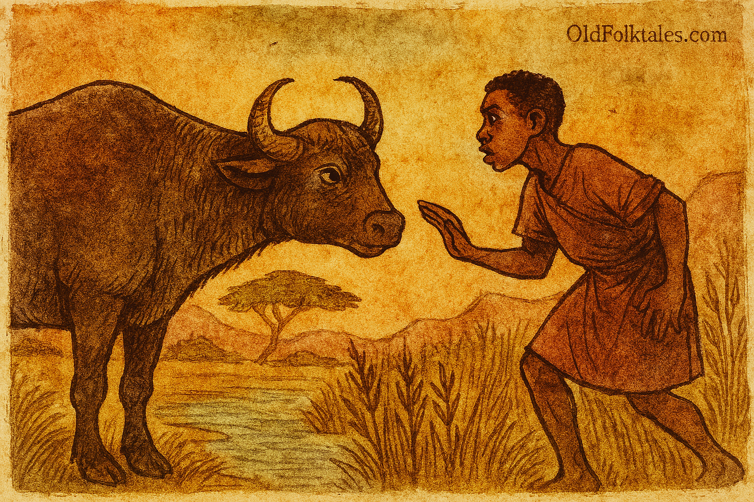 The Mystical Buffalo | FolktalesAfrica.com Parchment-style illustration of East African youth confronting mystical buffalo servant in field, from folktale of love and loss.