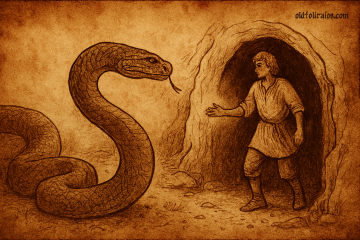 Parchment-style illustration of Ethiopian Hasseeboo emerging from honey pit to meet giant snake, beginning their unlikely friendship.