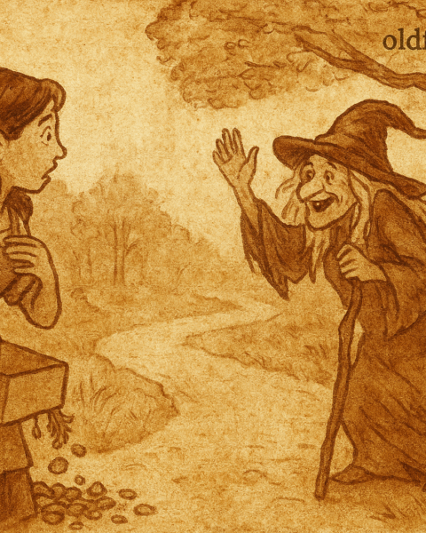 Parchment-style illustration of American girl Mabel meeting forest witch after dropping figurines, from modern fairy tale.