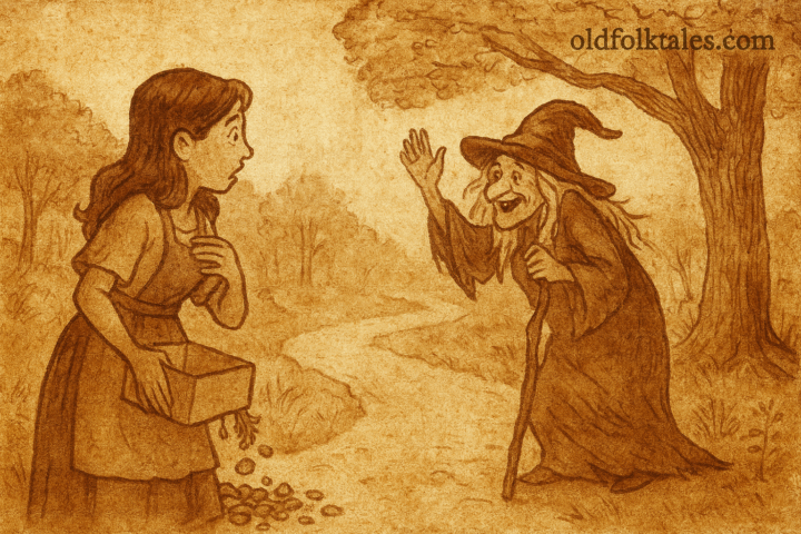 Parchment-style illustration of American girl Mabel meeting forest witch after dropping figurines, from modern fairy tale.