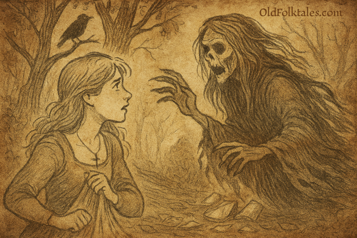 Parchment-style illustration of Gothic Juniper facing ghostly Saeva in haunted forest, from supernatural vengeance folktale.