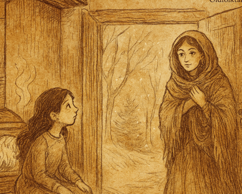 Parchment-style illustration of Bulgarian girl Maya meeting mother by stove during snowy reunion in cottage.