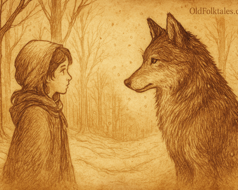 Parchment-style illustration of European girl Olga meeting protective wolf in snowy forest after escaping armed stranger.