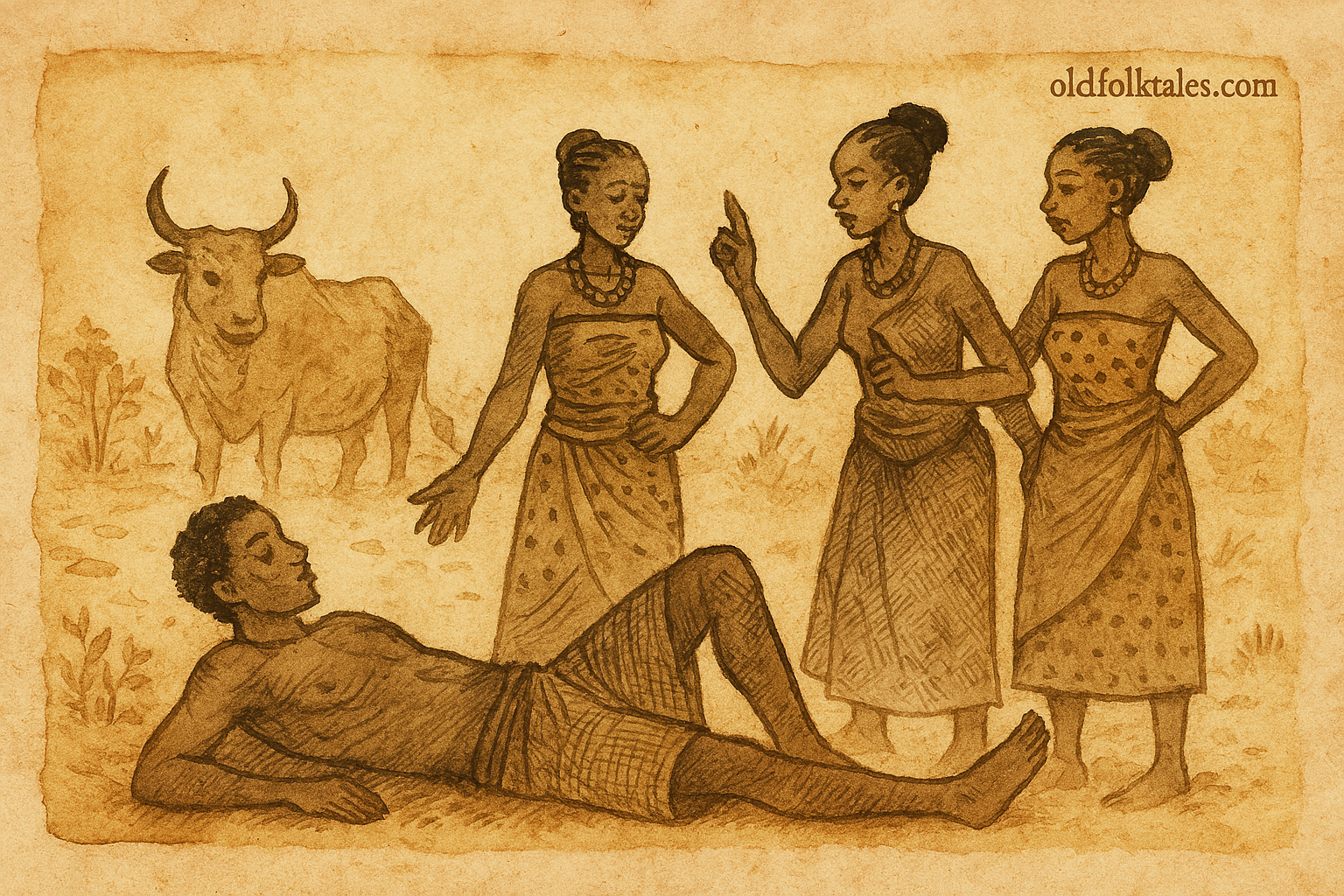 Three Wives, One Miracle | FolktalesAfrica.com Parchment-style illustration of African hunter Nenpetro revived by three wives using dream, guidance, and healing.