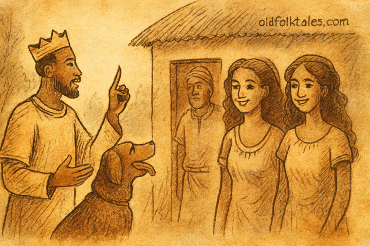 Parchment-style illustration of African prince Nsassi naming Lunga and Lenga with loyal dog before Nenpetro’s compound.