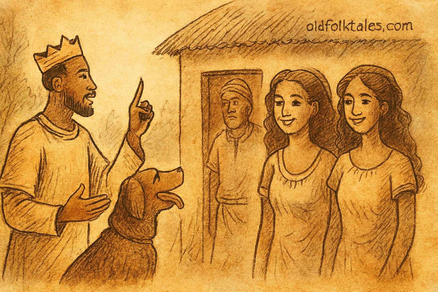 The Prince and His Loyal Dog | FolktalesAfrica.com Parchment-style illustration of African prince Nsassi naming Lunga and Lenga with loyal dog before Nenpetro’s compound.