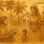 Parchment-style illustration of African Buite holding fish as magical wife and servants vanish, brother Swarmi watches in valley.