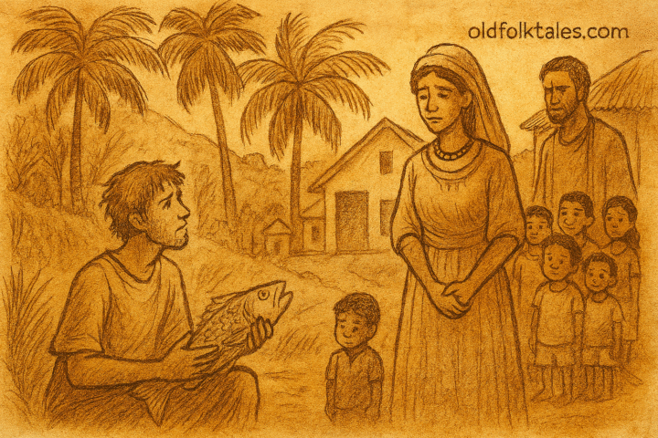 Parchment-style illustration of African Buite holding fish as magical wife and servants vanish, brother Swarmi watches in valley.