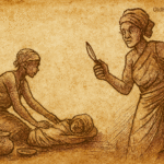 Parchment-style illustration of African elder wife holding razor while co-wife kneels beside sleeping child near cooking pots.