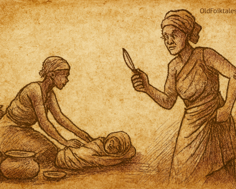 Parchment-style illustration of African elder wife holding razor while co-wife kneels beside sleeping child near cooking pots.