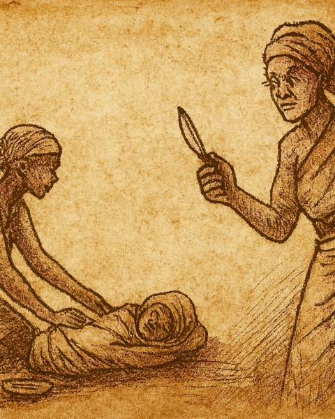 Parchment-style illustration of African elder wife holding razor while co-wife kneels beside sleeping child near cooking pots.