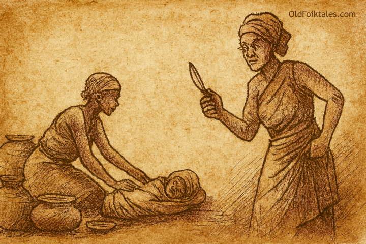 Parchment-style illustration of African elder wife holding razor while co-wife kneels beside sleeping child near cooking pots.